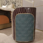 Oval Marble-Top SideTable with Fan-Stitched Leather Panels and Two Drawers